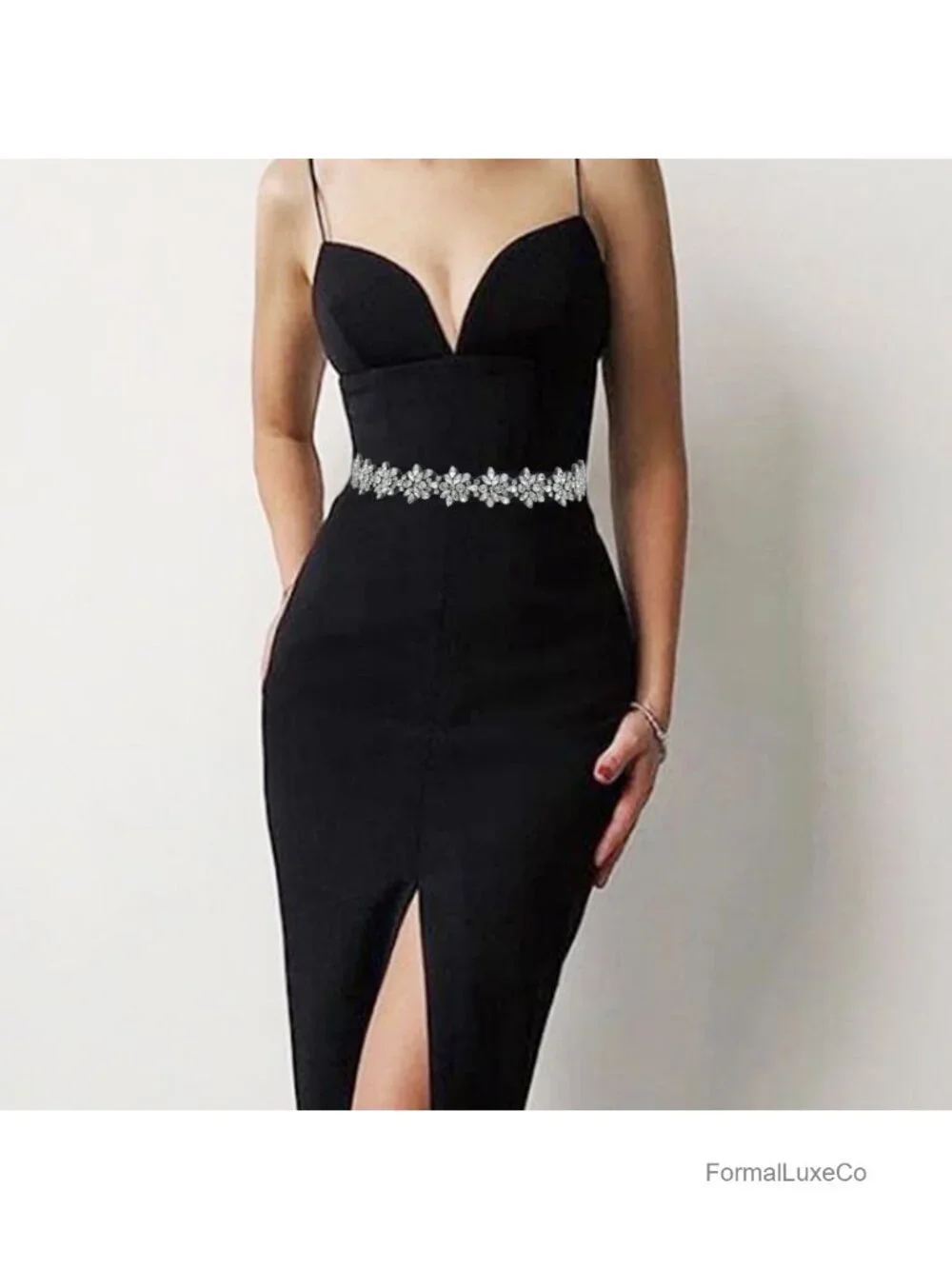 Stretchy Rhinestone Sash Dress Belt with Pronged Buckle